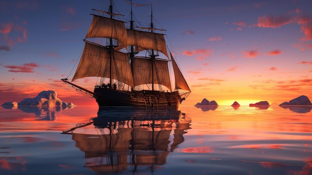 A ship in the water with the sun setting behind it