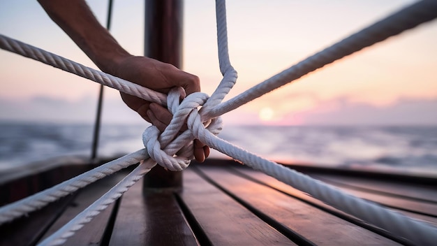 Photo ship white ropes tied knot