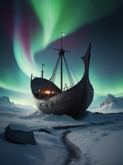 a ship with the aurora borealis on the background