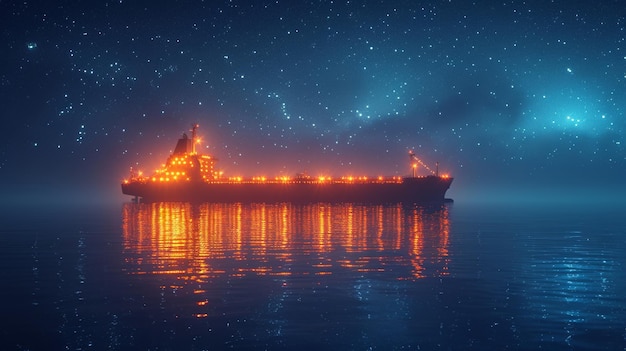 Photo ship with cargo and dots on dark blue night sky illustration or background for transportation logistics shipping concept