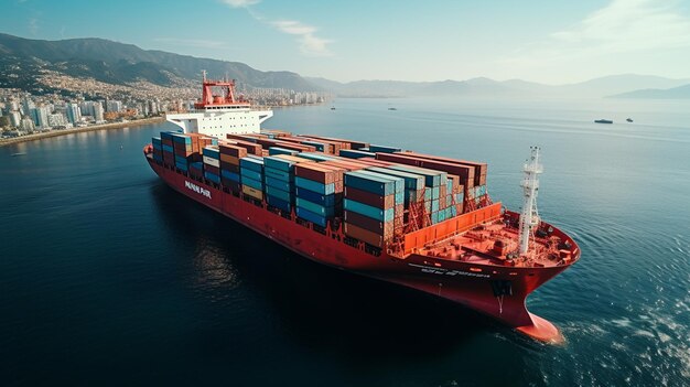 ship with container ship and sea port sea shipping