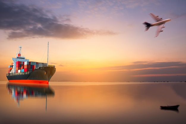 Ship with container on sunset