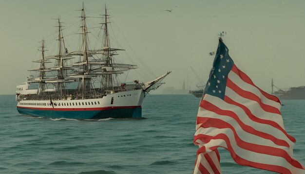 a ship with a flag in the background