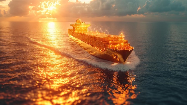 A ship with gold containers carries cargo by sea Container ship