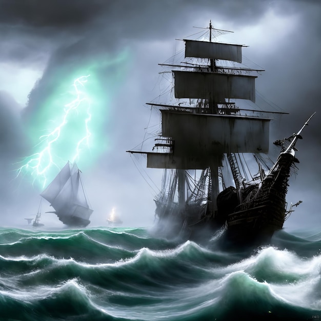A ship with a lightning bolt on the top of it