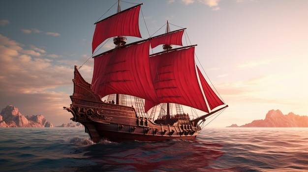 Ship with scarlet sails sunset converter photography image Ai generated art