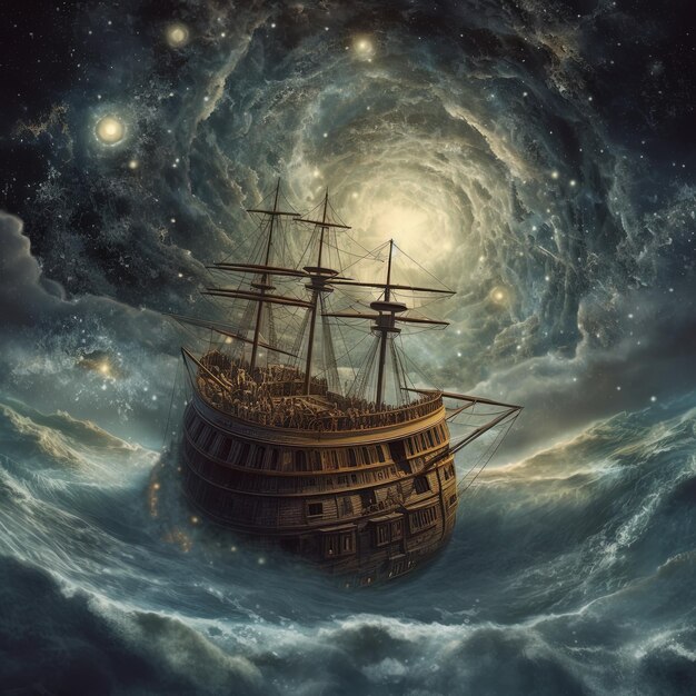 Photo a ship with a star on its side is floating in the ocean