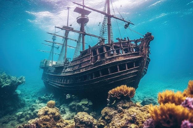 Ship wreck in the sea Pirate boat under the ocean illustration AI generative