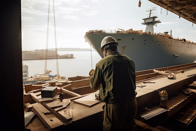 Shipbuilder constructing naval vessel with view of the shipyard and ocean in the background