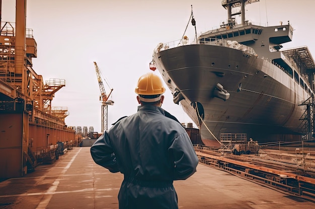 Shipbuilder constructing naval vessel with view of the shipyard and ocean in the background