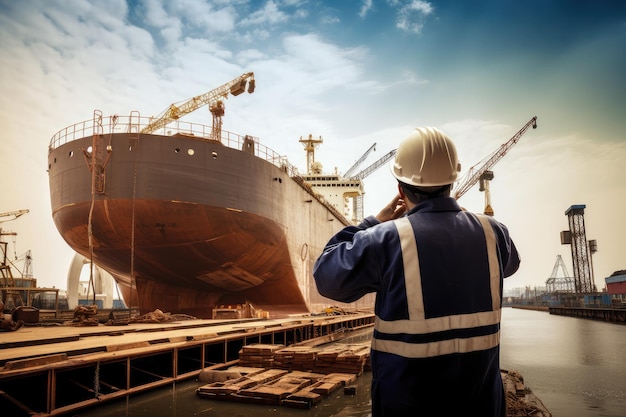 Shipbuilder constructing naval vessel with view of the shipyard and ocean in the background