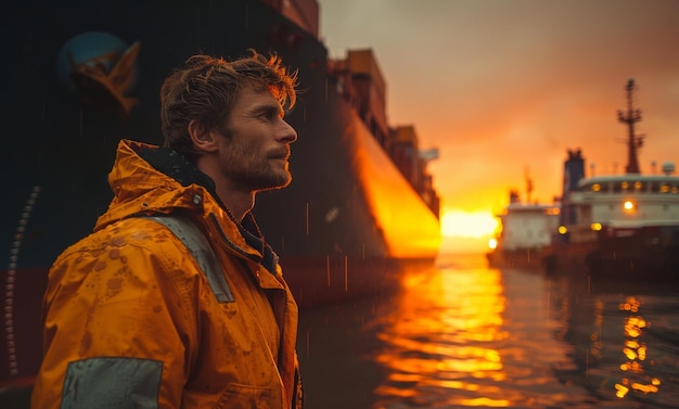 Photo shipbuilding worker standing on commercial dock during sunset