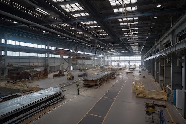 Shipbuilding workshop with overhead cranes and other equipment visible