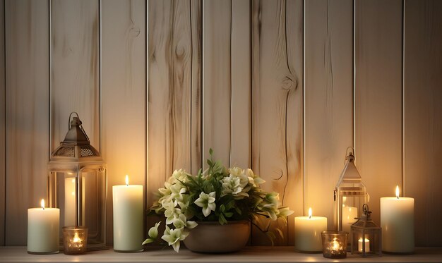 Photo shiplap wall with warm candlelight glow with wooden holy cro trending background calm illustration