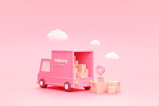 Photo shipment delivery by truck and pin pointer mark location delivery transportation logistics concept on pink background 3d rendering illustration