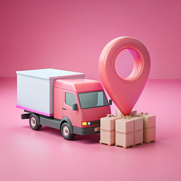 Photo shipment delivery by truck and pin pointer mark location delivery transportation logistics concept on pink background 3d rendering illustration
