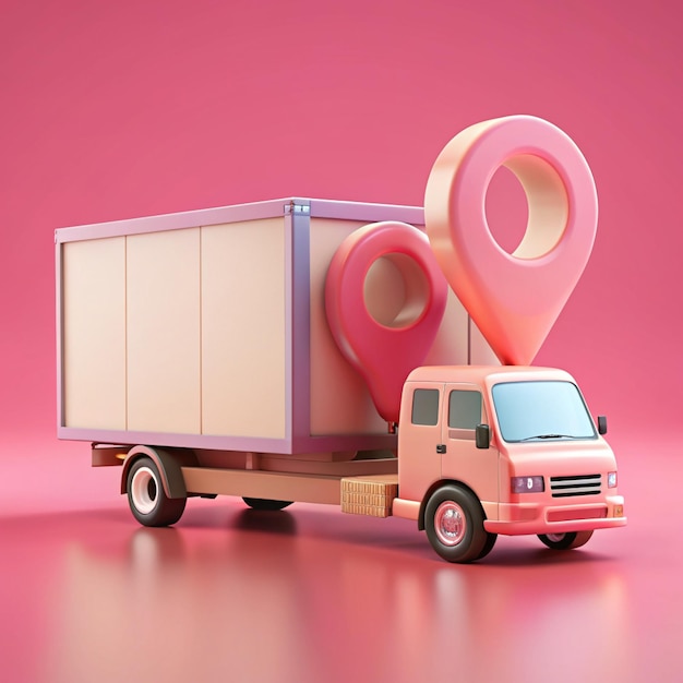 Photo shipment delivery by truck and pin pointer mark location delivery transportation logistics concept on pink background 3d rendering illustration