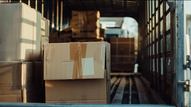 A shipment39s first steps cardboard boxes ready for delivery in a logistic truck39s interior