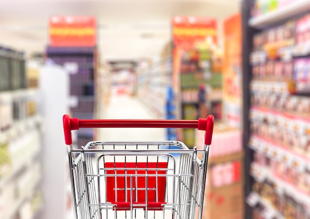 Shipping cart in blurred supermarket interior for business concept