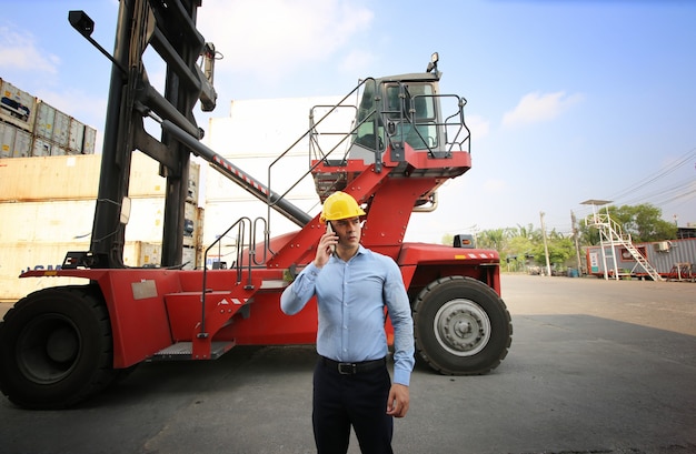 Shipping container site loading in logistic port warehouse storage for export and import business