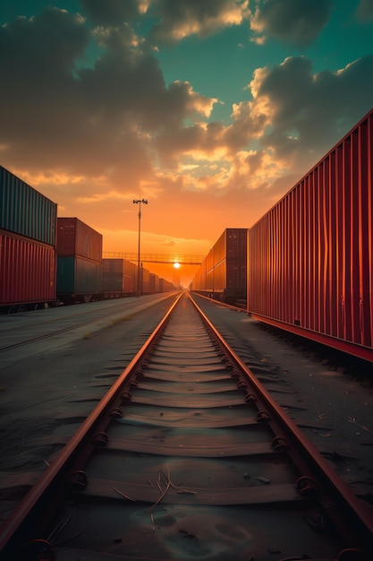 Shipping containers arriving at rail yard for transport and logistics operations