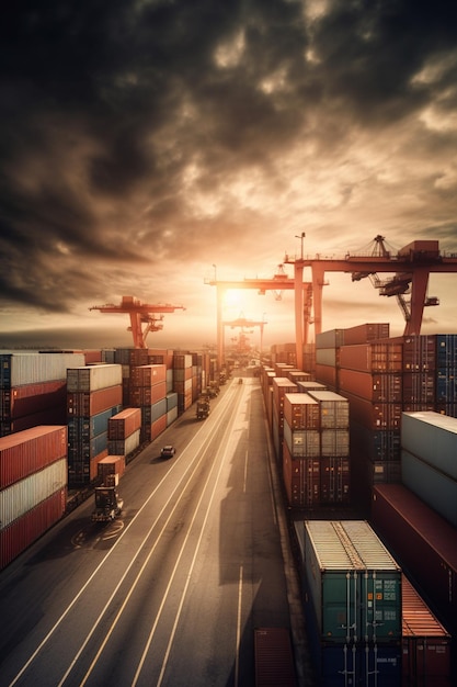 Shipping containers on a dock with a sunset in the background