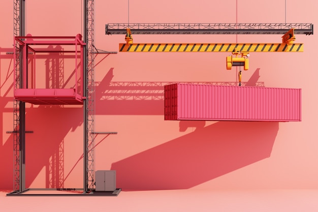 Shipping containers hanging from a crane. 3d global business\
commerce concept pink color. 3d rendering