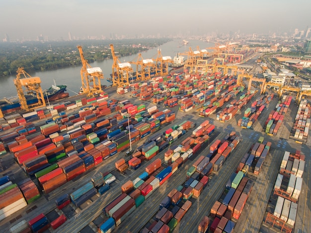 Shipping containers in shipyard.