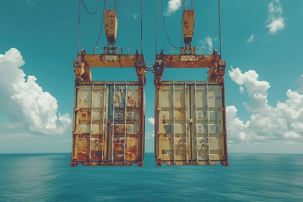 Photo the shipping containers which is held by a crane design images