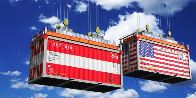 Shipping containers with flags of austria and usa 3d illustration