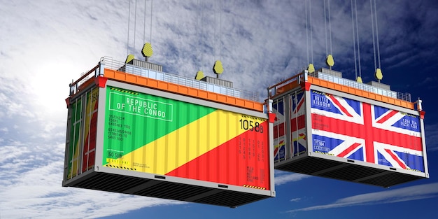 Shipping containers with flags of Congo and United Kingdom 3D illustration