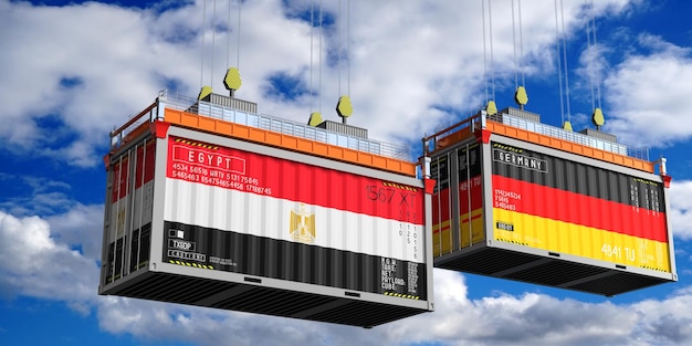 Shipping containers with flags of Egypt and Germany 3D illustration