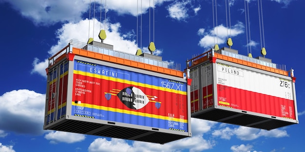 Shipping containers with flags of Eswatini and Poland 3D illustration