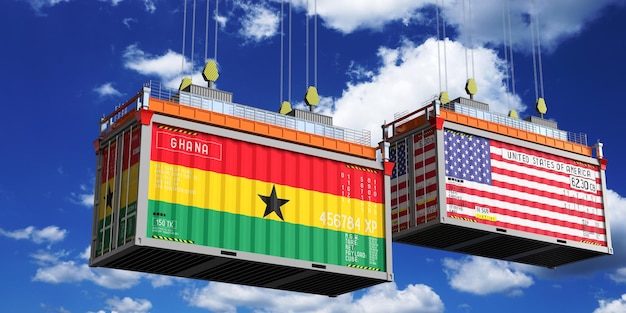 Shipping containers with flags of ghana and usa 3d illustration