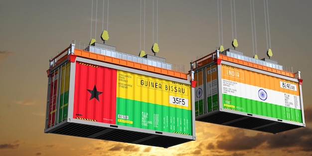Shipping containers with flags of Guinea Bissau and India 3D illustration