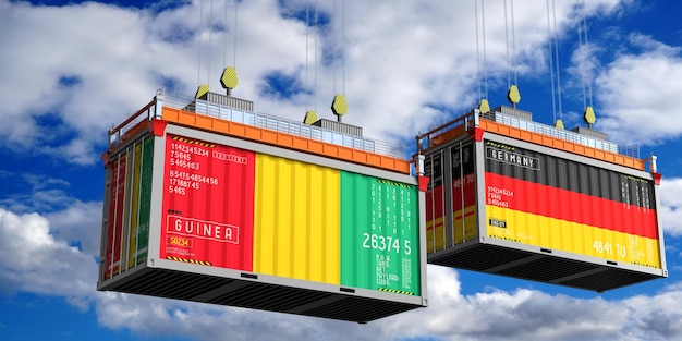 Shipping containers with flags of Guinea and Germany 3D illustration