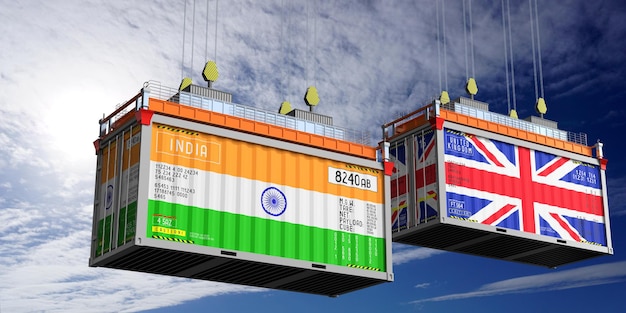 Shipping containers with flags of India and United Kingdom 3D illustration