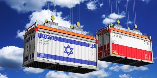 イスラエルとポーランドの国旗を掲げた輸送コンテナ 3Dイラスト