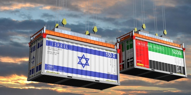 イスラエルとアラブ首長国連邦の国旗を掲げたコンテナ 3Dイラスト