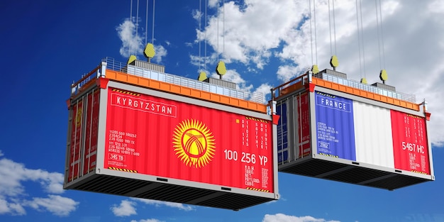 Shipping containers with flags of Kyrgyzstan and France 3D illustration