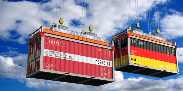 Shipping containers with flags of Latvia and Germany 3D illustration