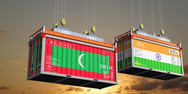 Shipping containers with flags of Maldives and India 3D illustration