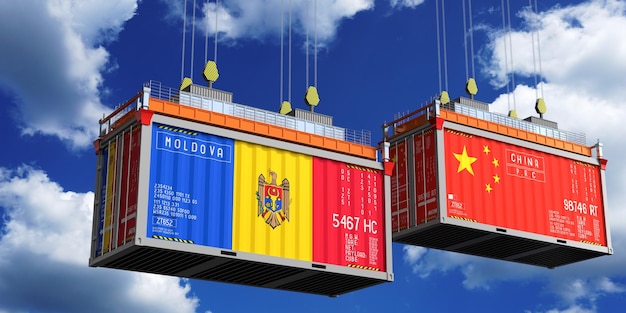 Shipping containers with flags of Moldova and China 3D illustration