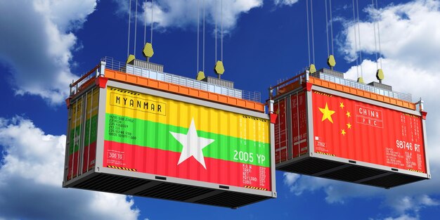 Shipping containers with flags of Myanmar and China 3D illustration