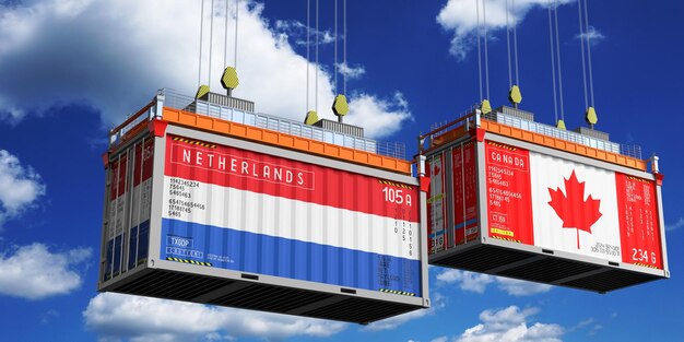 Shipping containers with flags of Netherlands and Canada 3D illustration