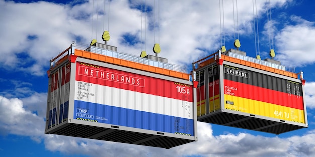 Shipping containers with flags of Netherlands and Germany 3D illustration