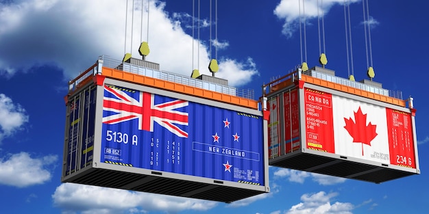 Shipping containers with flags of New Zealand and Canada 3D illustration
