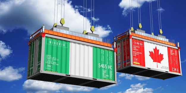 Shipping containers with flags of Nigeria and Canada 3D illustration