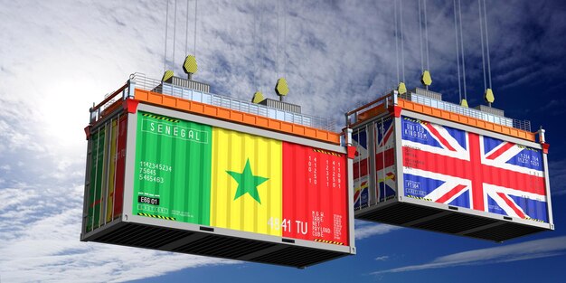 Shipping containers with flags of Senegal and United Kingdom 3D illustration