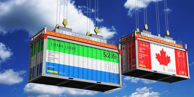 Shipping containers with flags of Sierra Leone and Canada 3D illustration